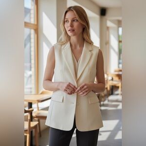 Le AL.X Ivory Cream Sleeveless Long Blazer Vest 2 Button Womens Medium Tailored